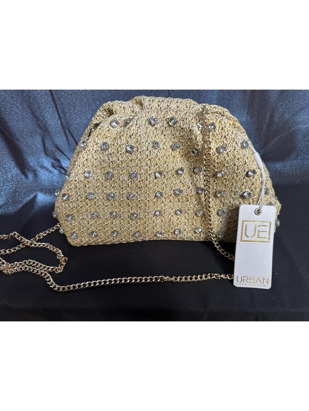 Urban Expressions Gwendolyn Straw Clutch w/ Rhinestones And Metal Strap